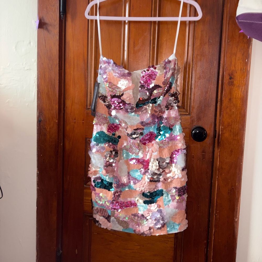 bebe Multicolor Sequin Mini Dress in Pink, Teal, Silver